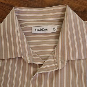 CALVIN KLEIN Men's Tan & White Striped Long Sleeve Button Up Shirt- 17 1/2 34/35